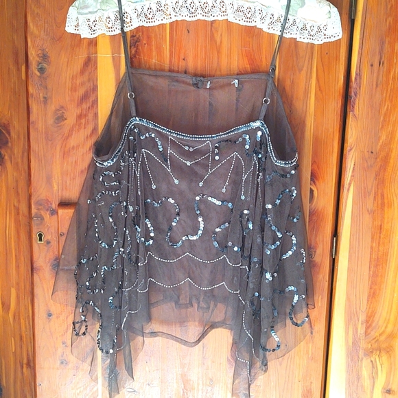 Mystere sheer spaghetti strap top. Beads and sequin design on front - Picture 1 of 7